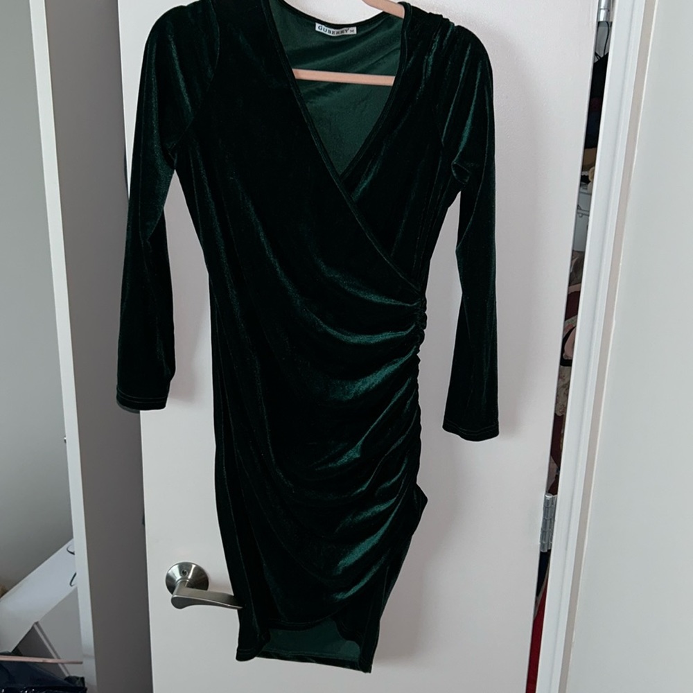 Green velvet dress. Rouching on side